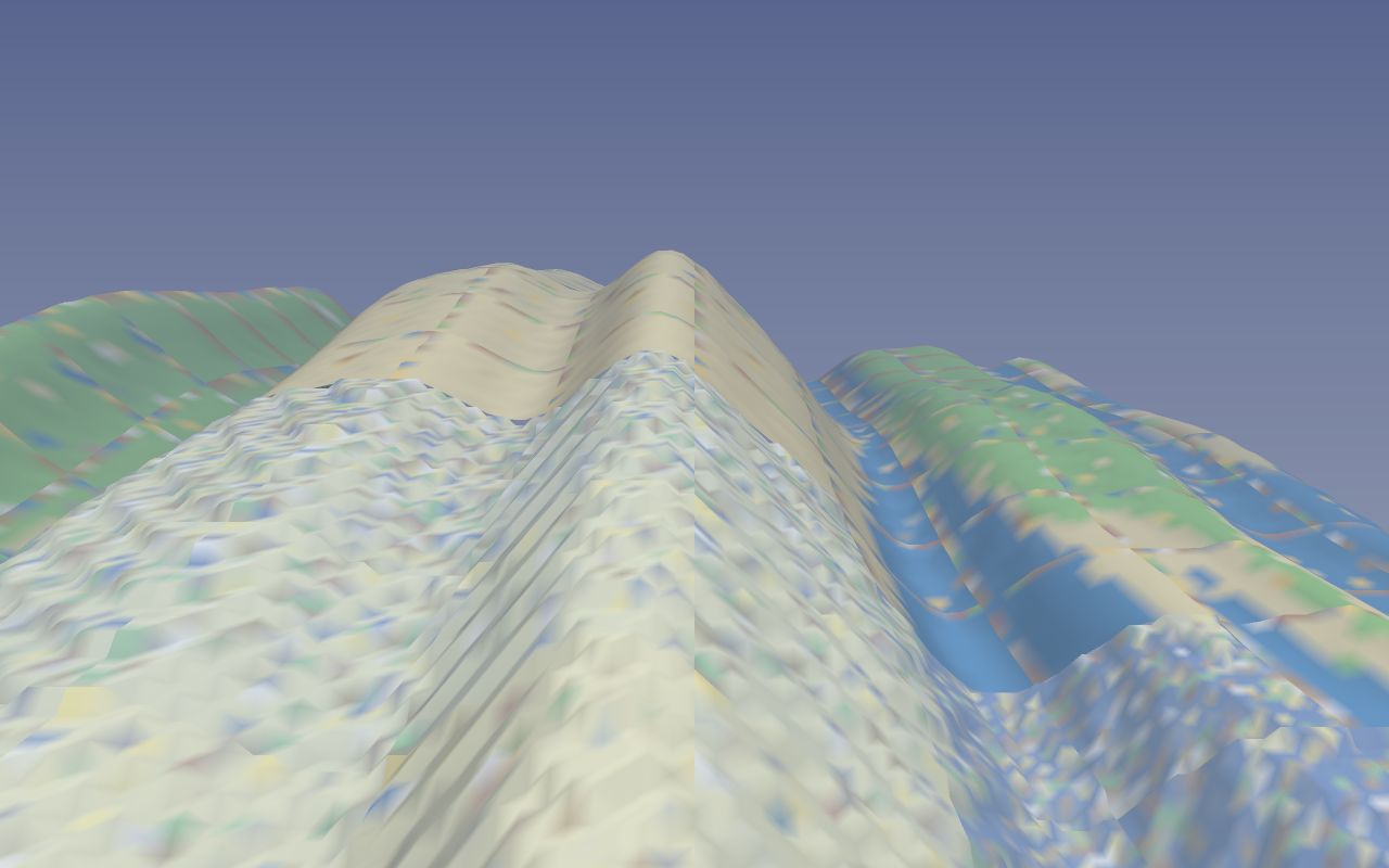 The same HoloVoxel chunk rendered with Lambertian lighting, ambient occlusion, and confidence-driven haze from DecodeMesh's real normals.